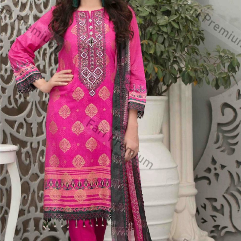 3 Piece Embroidered Banarsi Cotton Chiffon Shalwar Kameez Suit Pakistani/Indian